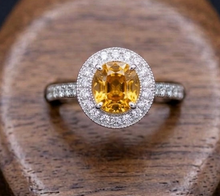 Load image into Gallery viewer, Natural Golden Sapphire & Diamonds Halo Style Ring