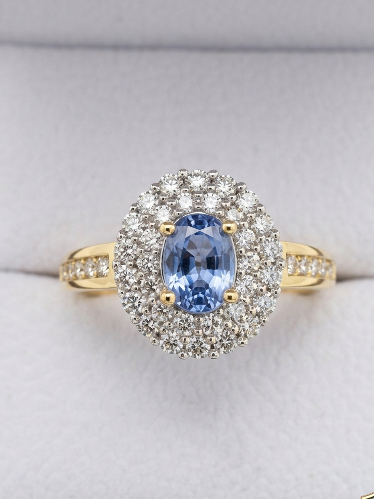 Natural Light Blue Sapphire & Diamond Double Halo Ring – Solid 9ct Yellow Gold