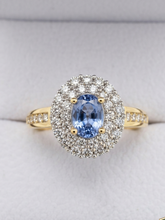 Load image into Gallery viewer, Natural Light Blue Sapphire &amp; Diamond Double Halo Ring – Solid 9ct Yellow Gold
