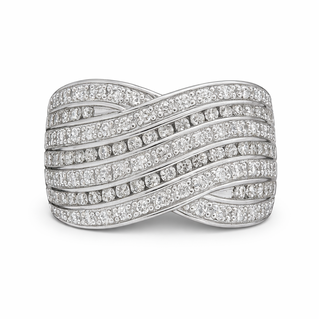 Natural Diamond Swirl Crossover Ring in 9ct White Gold | Wide Pavé & Channel Set Diamond Ring