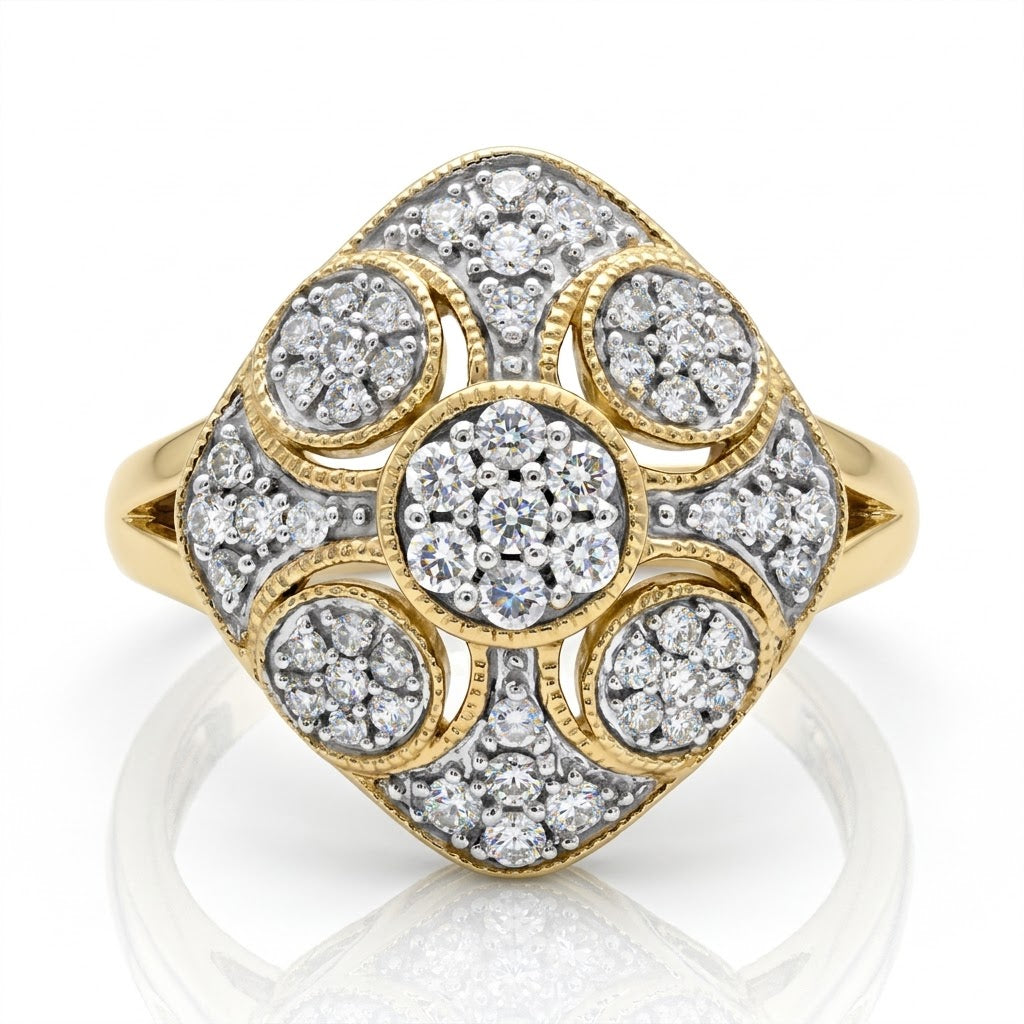 Antique Style Diamond Cluster Ring: 9k Solid Yellow Gold, 0.50 Carat