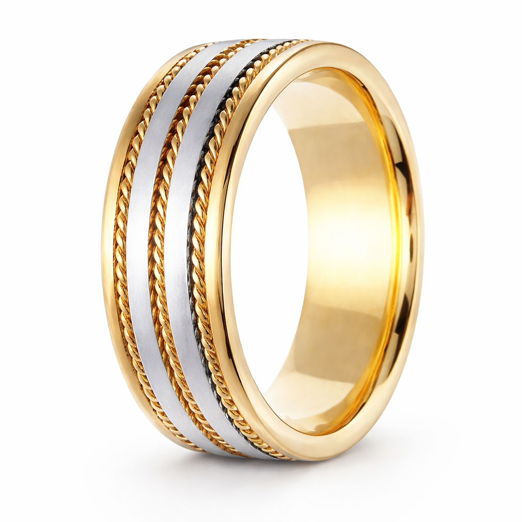 Two Tone 14K White & Yellow Gold Hand Braided Wedding Band Ring