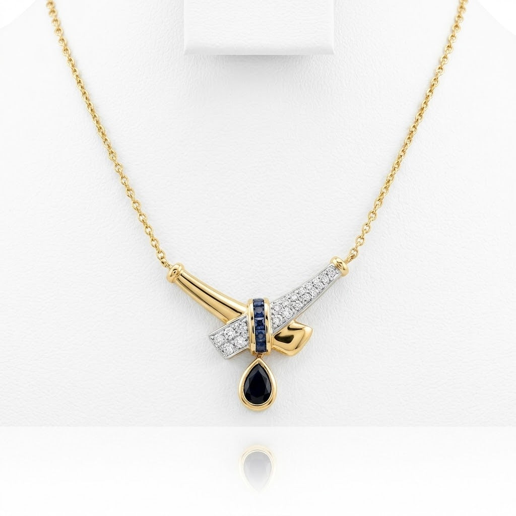 18k Yellow Gold Sapphire & Diamond Pendant Necklace, Natural Pear Blue Sapphire Drop Necklace.