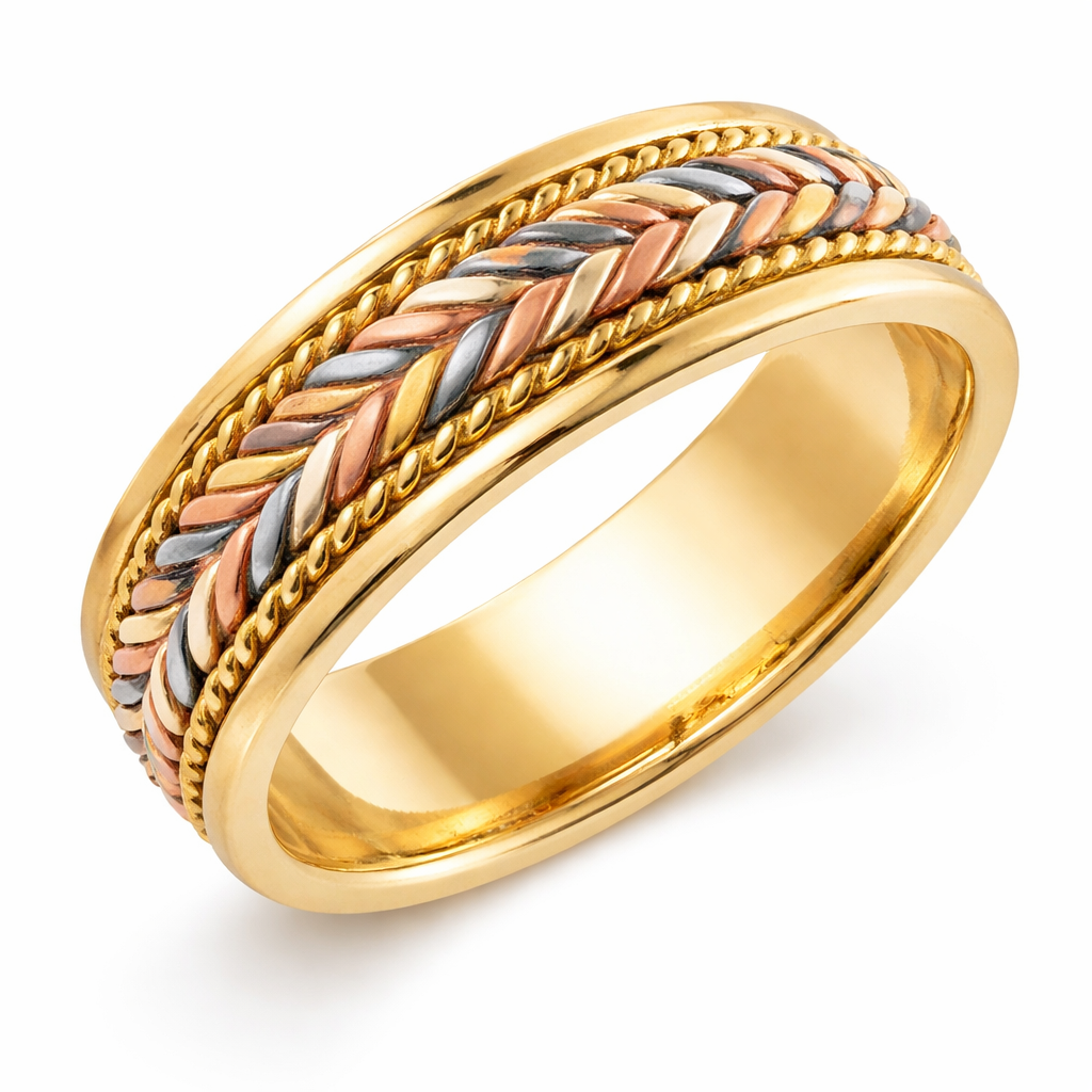 14K Yellow and Tricolor Hand Braided Cord Ring