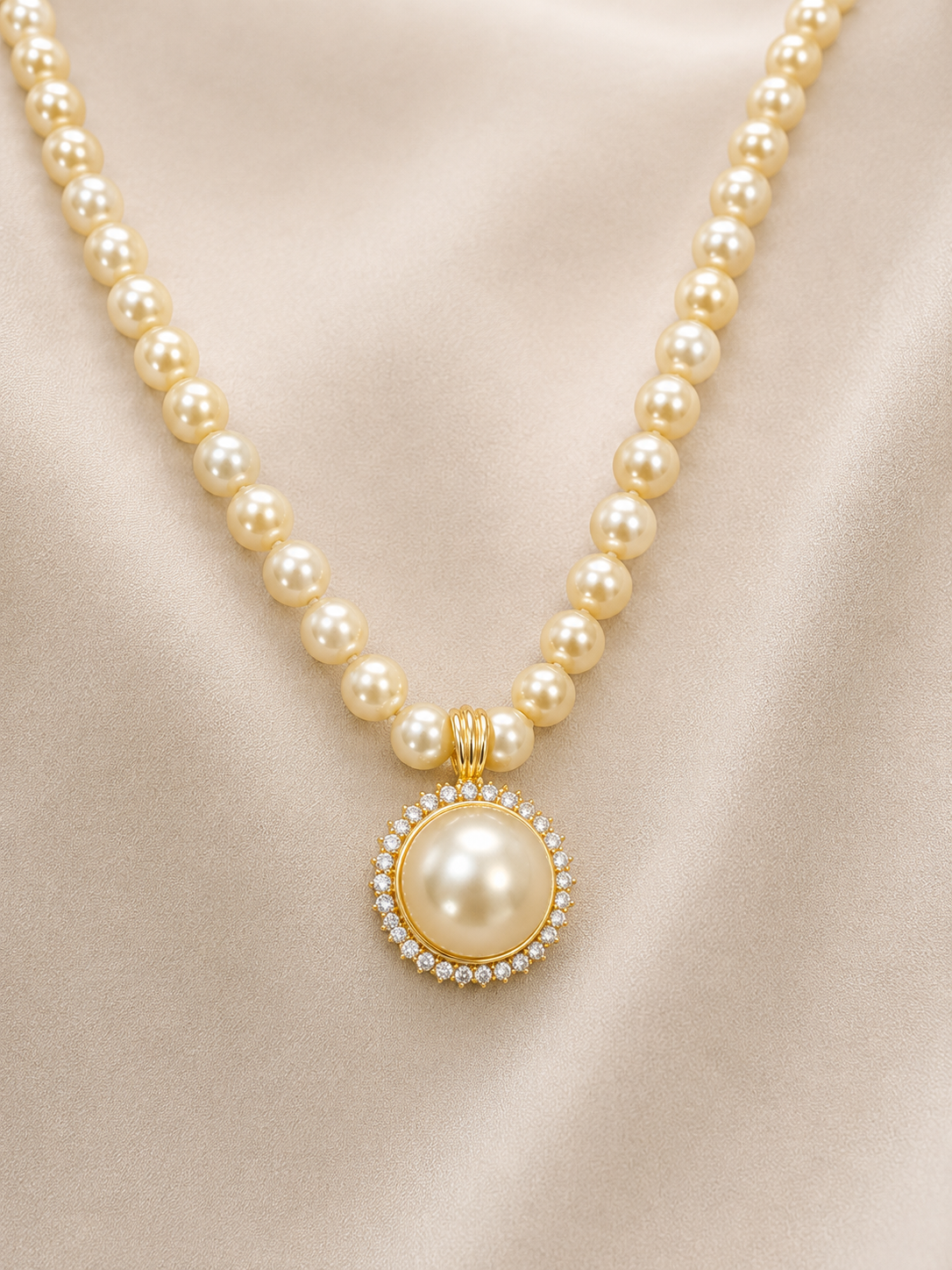 14K Solid Yellow Gold Mabe Pearl & Natural Diamond Pendant Necklace