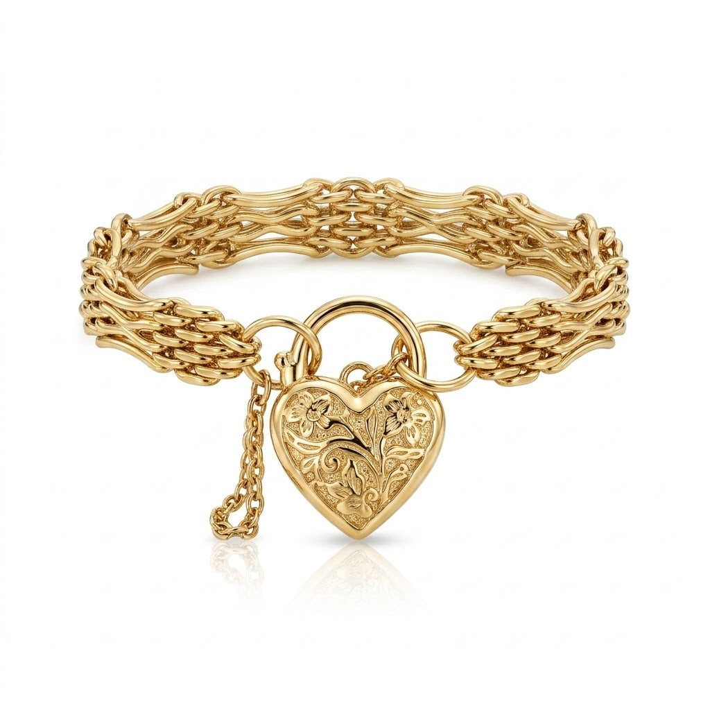 Solid 9ct Yellow Gold Gate Bracelet, Filigree Heart Locket Clasp, Safety Chain (26 grams)