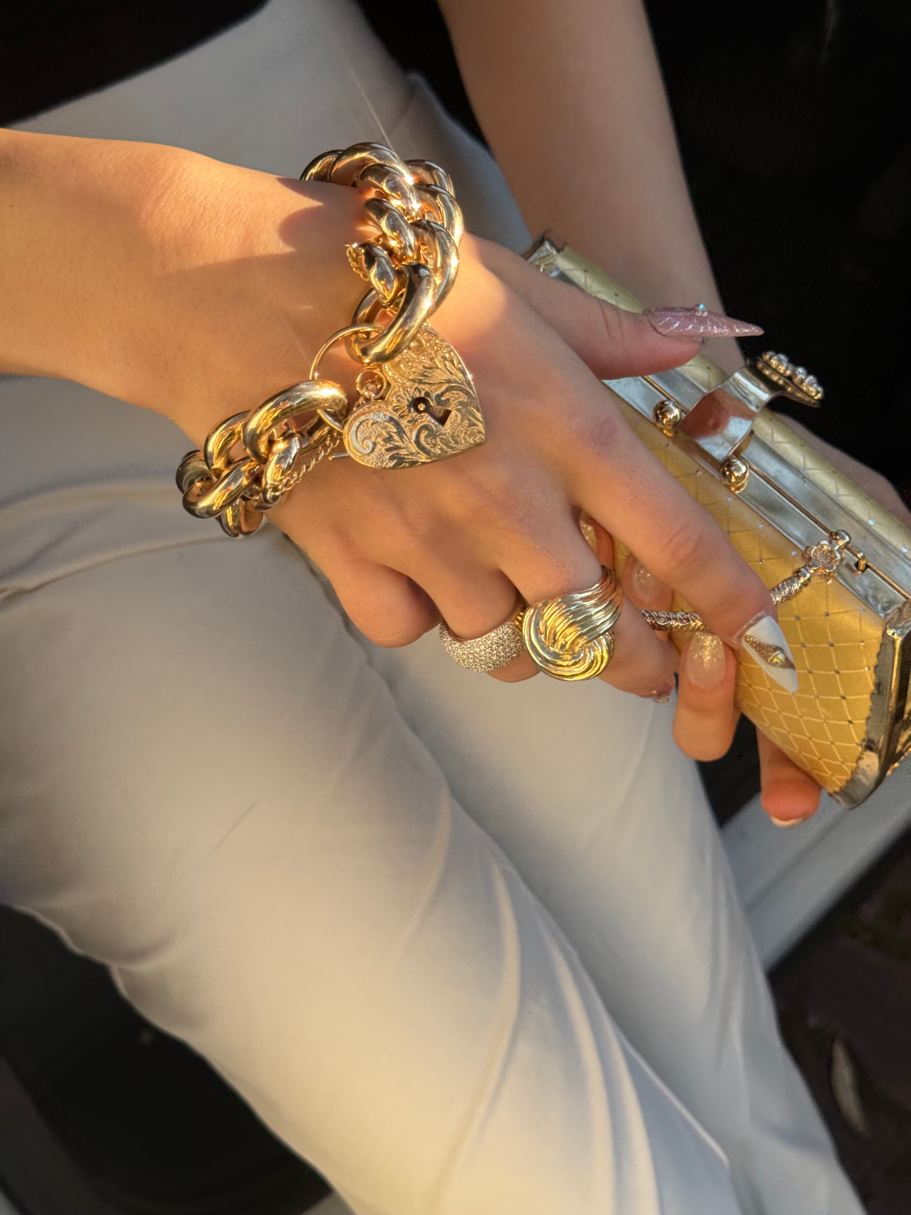 122 GRAMS OF Pure Luxury! Rare Heavyweight  Solid Gold Heart Lock Bracelet