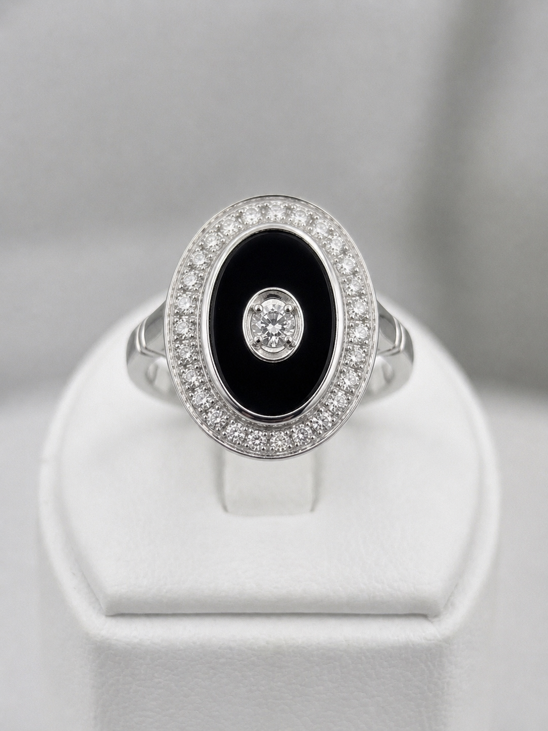Art Deco Inspired Black Onyx & Natural Diamond Ring in Solid 9ct White Gold