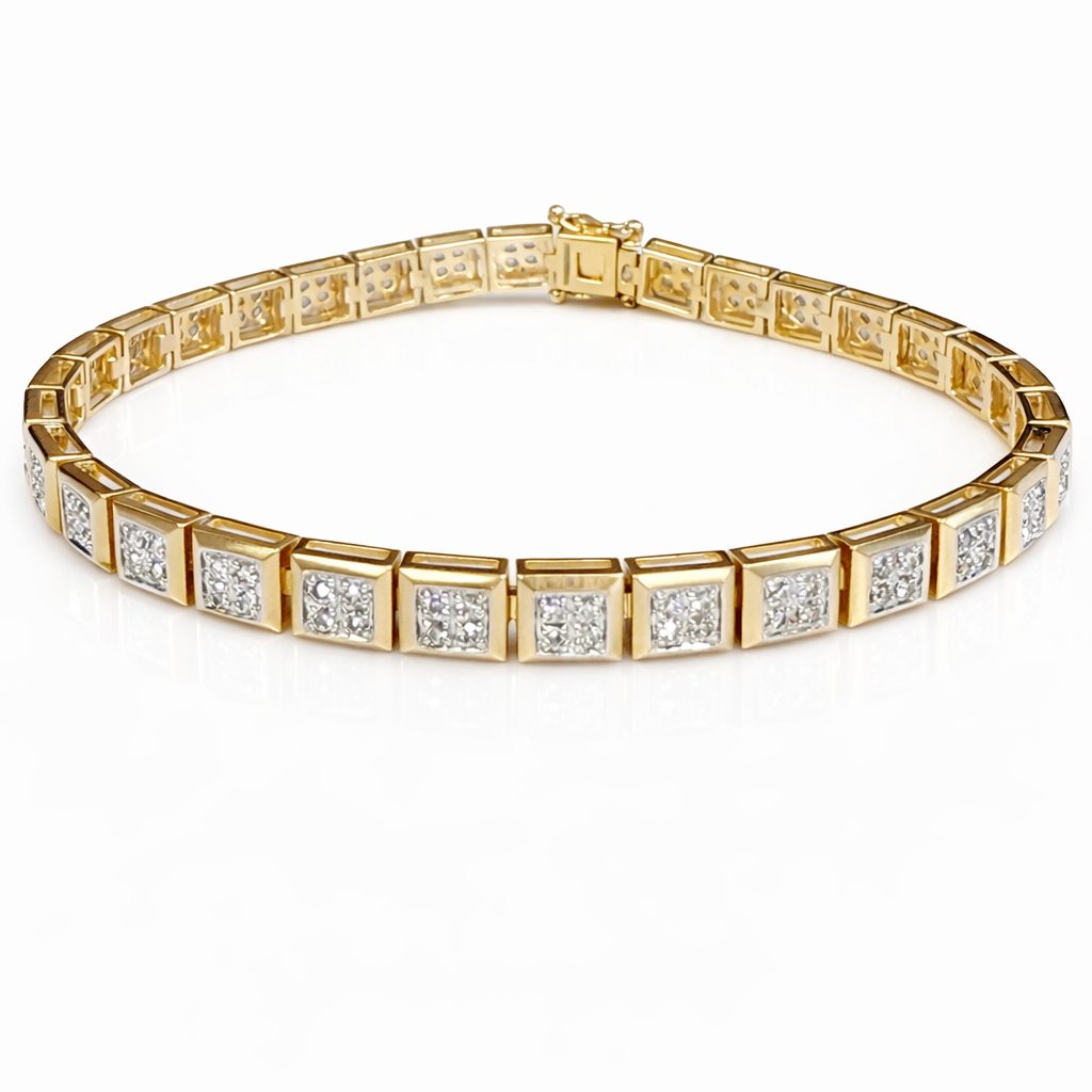 9ct Yellow Gold Square Link Diamond Tennis Bracelet