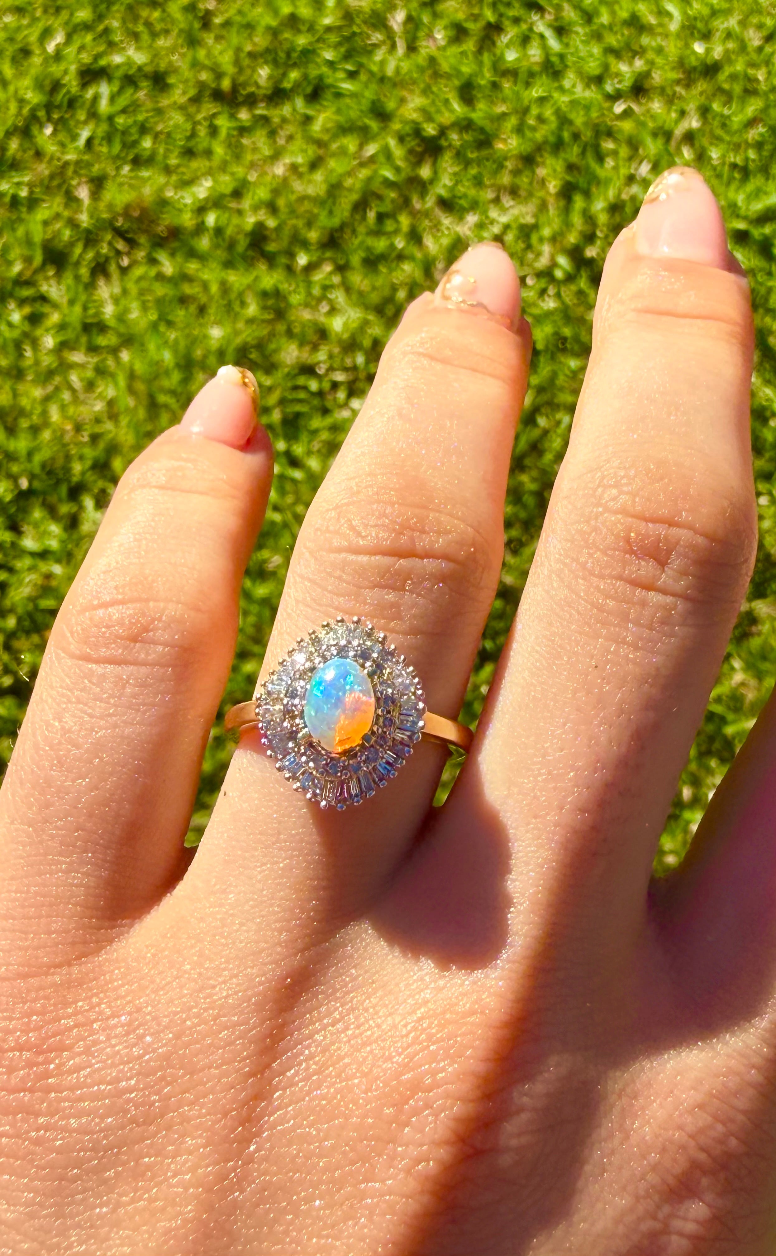 Natural Australian Opal Diamond Ballerina Ring | Solid 9ct Yellow Gold, 0.52ct Diamonds