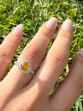 Load image into Gallery viewer, 18k White Gold Light Golden Sapphire Halo Ring with Natural Diamonds
