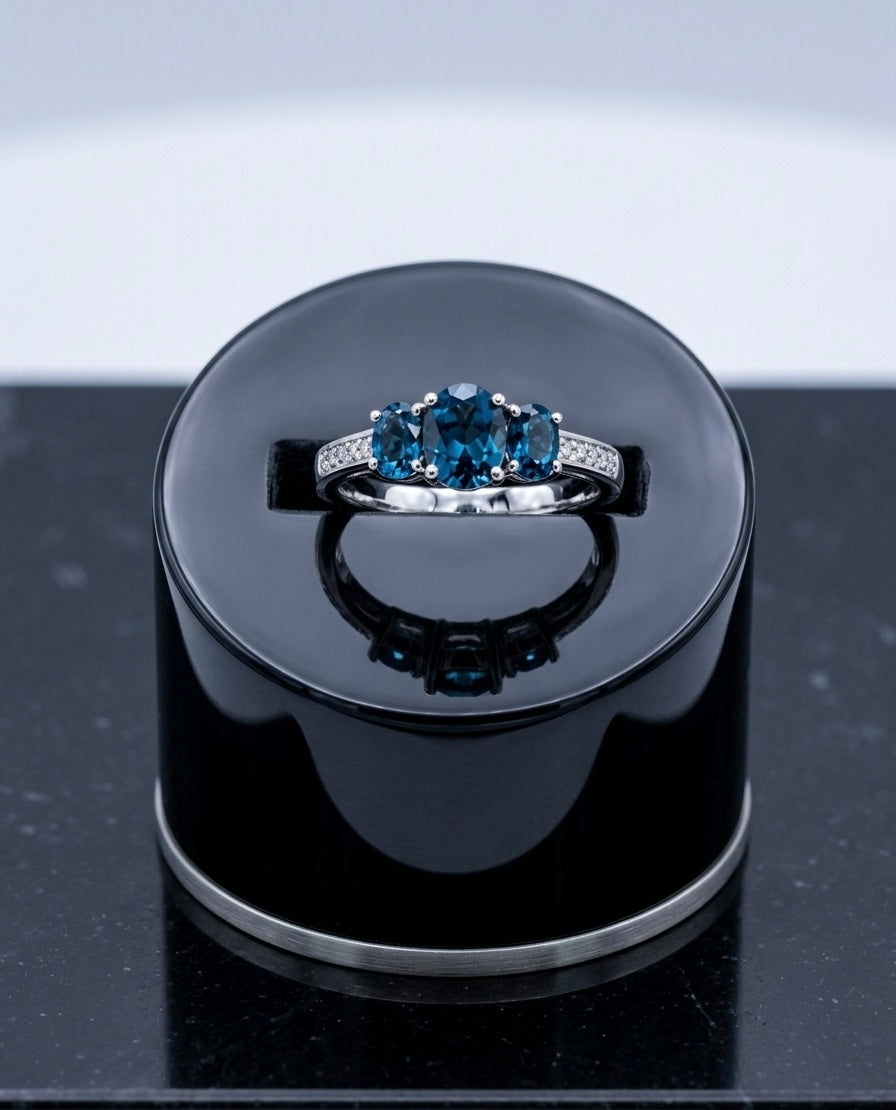 White Gold London Blue Topaz & Diamond Trilogy Ring – Natural