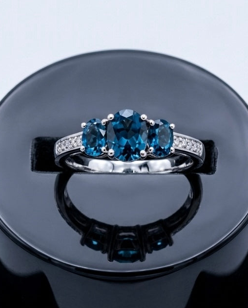 White Gold London Blue Topaz & Diamond Trilogy Ring – Natural