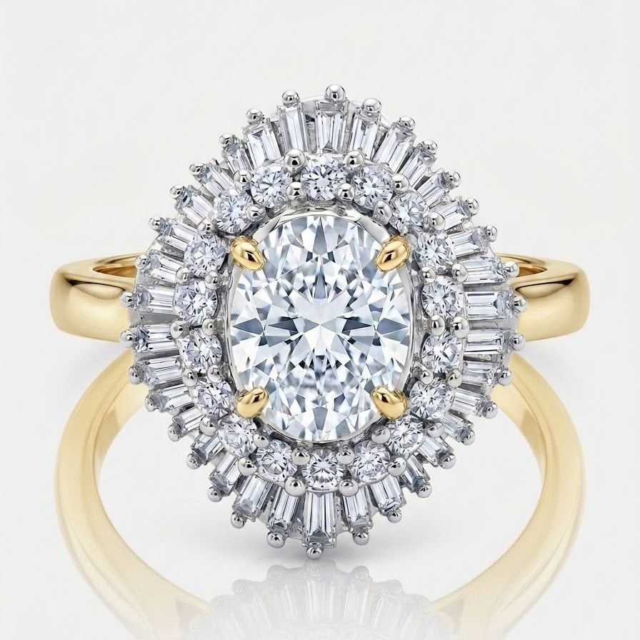 18K Yellow Gold Ballerina Engagement Ring-2.00 ct VS/F -Oval Shape