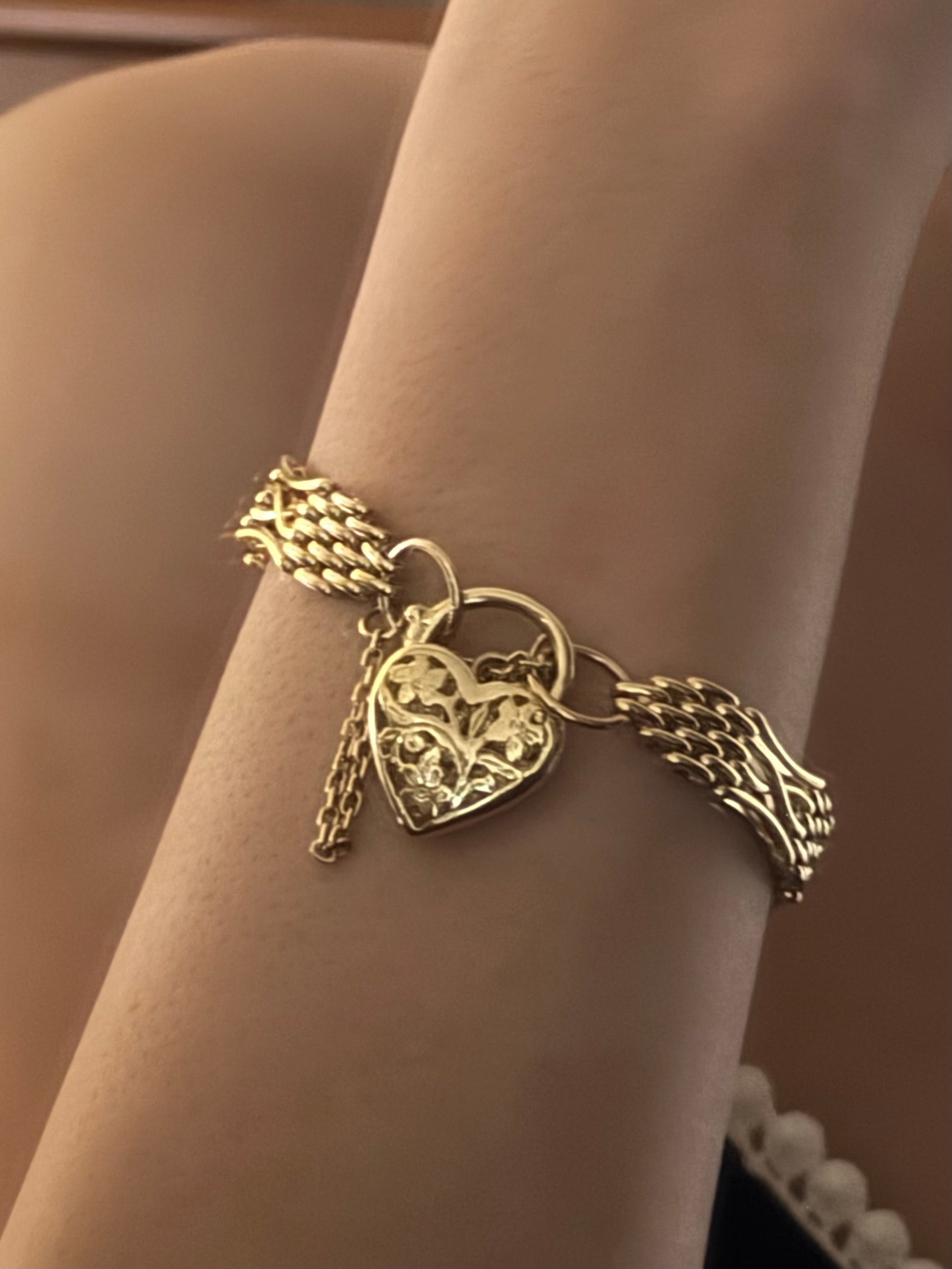 Solid 9ct Yellow Gold Gate Bracelet, Filigree Heart Locket Clasp, Safety Chain (26 grams)