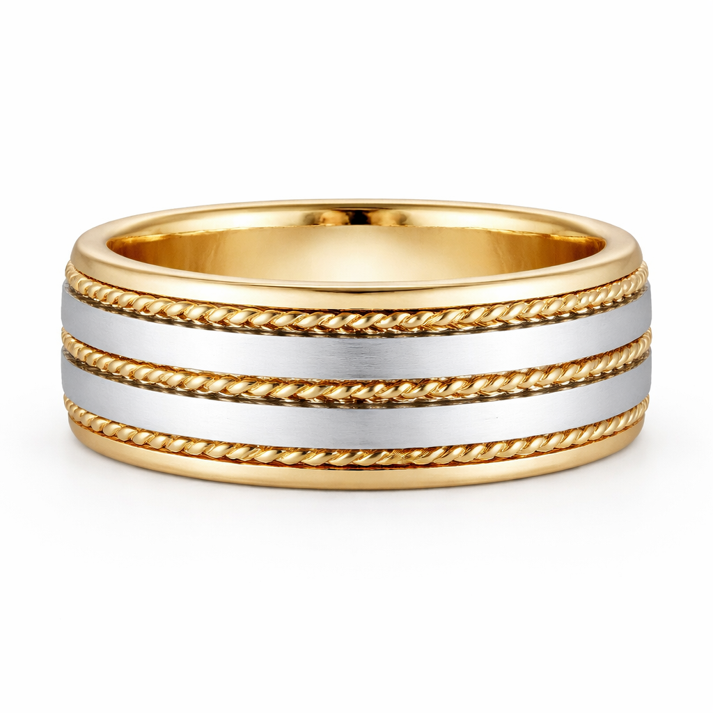 Two Tone 14K White & Yellow Gold Hand Braided Wedding Band Ring