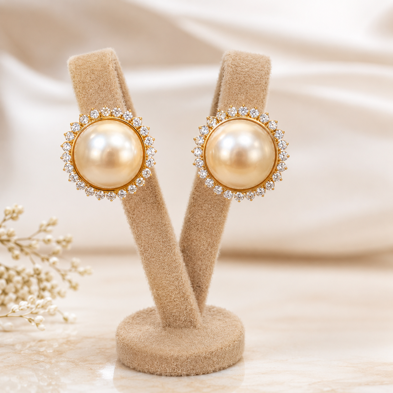 14K Solid Yellow Gold Mabe Pearl & Natural Diamond Halo Stud Earrings