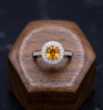 Load image into Gallery viewer, 18k White Gold Light Golden Sapphire Halo Ring with Natural Diamonds
