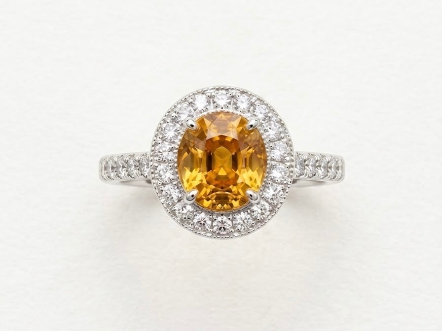 Natural Golden Sapphire & Diamonds Halo Style Ring