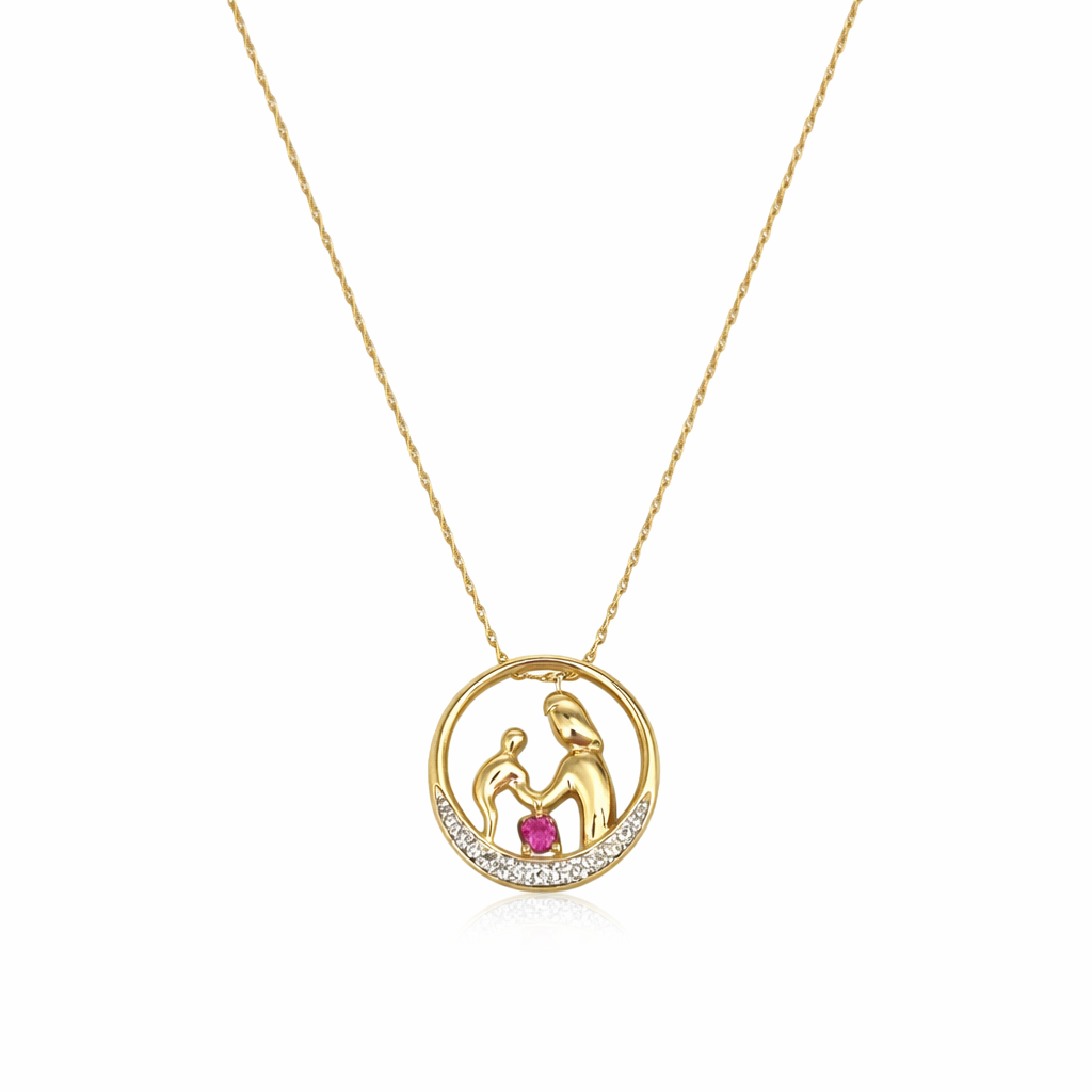 Pink Sapphire 9ct Gold Mother & Child Pendant Necklace, Diamond Halo