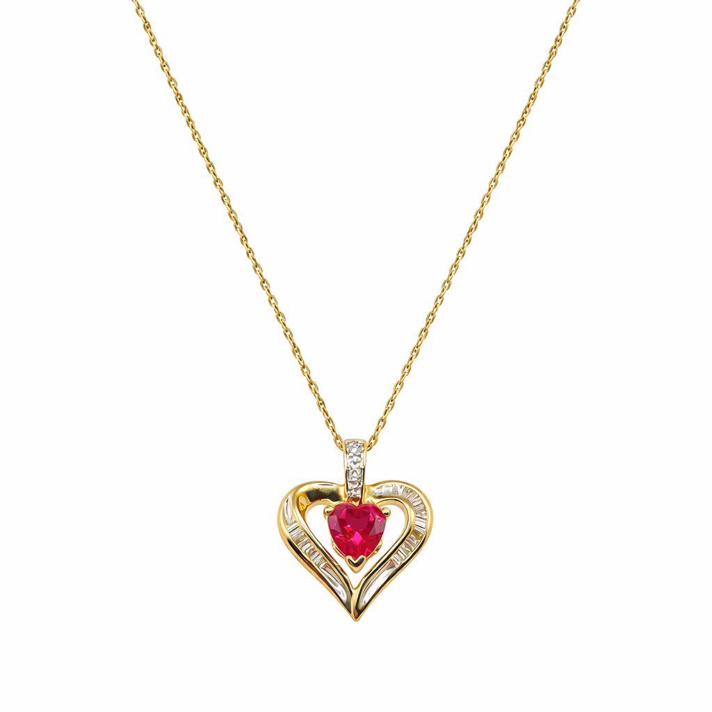 9ct Gold Heart Pendant Necklace, Diamond & Created Ruby Accent