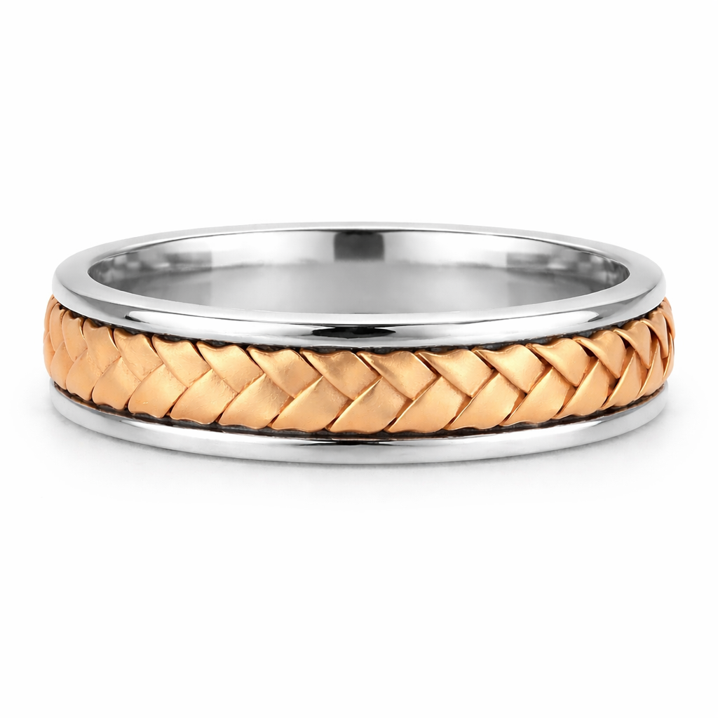 White & Rose 14K Gold Hand Braided Wedding Ring Band
