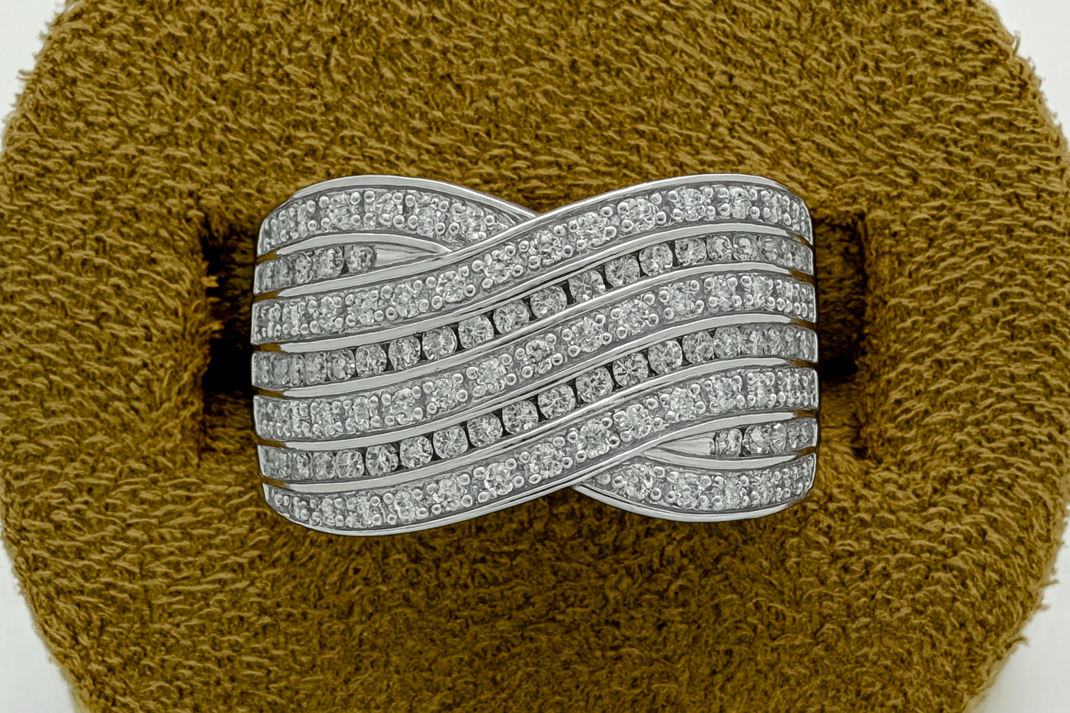 Natural Diamond Swirl Crossover Ring in 9ct White Gold | Wide Pavé & Channel Set Diamond Ring