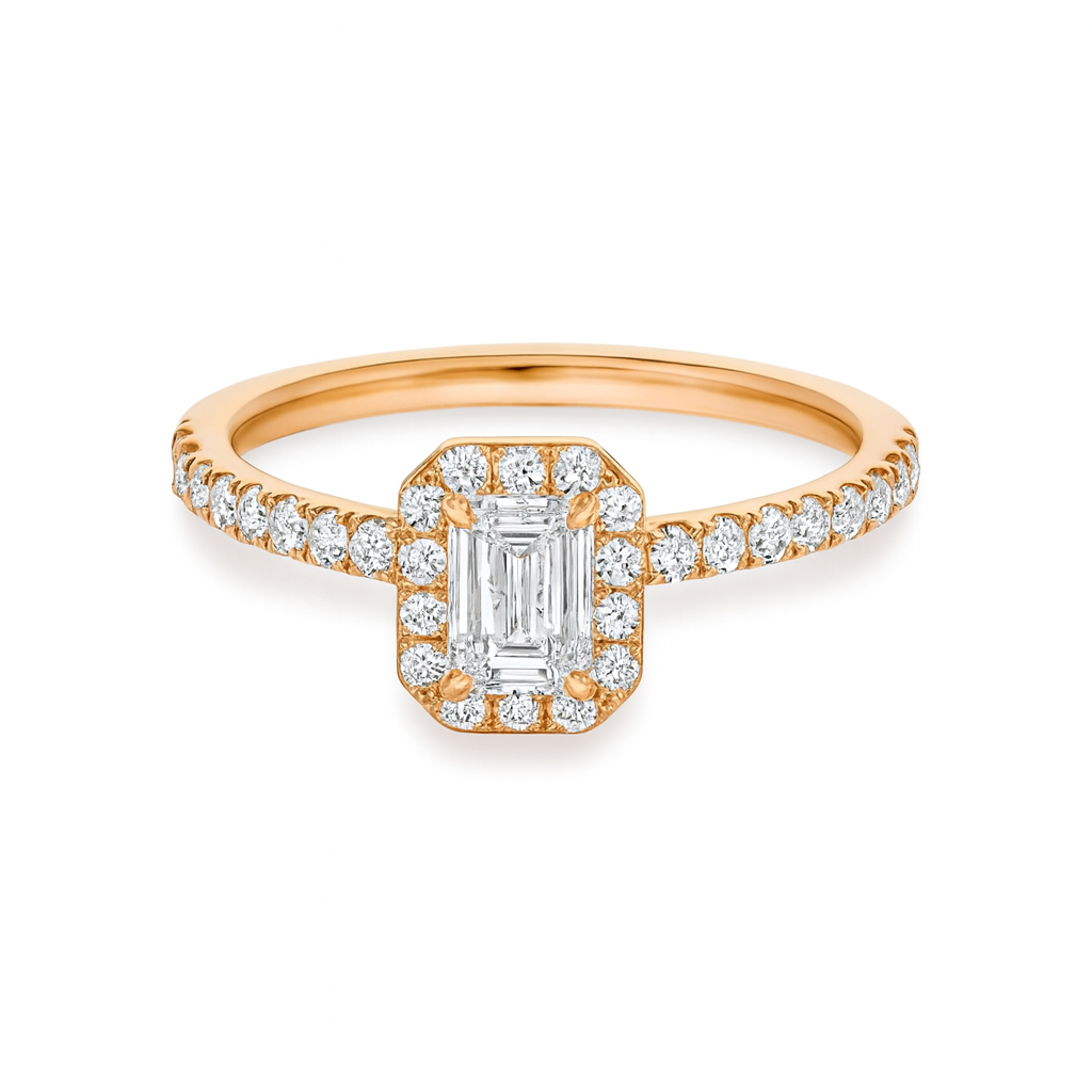 Emerald Cut Halo Rose Gold Engagement Ring