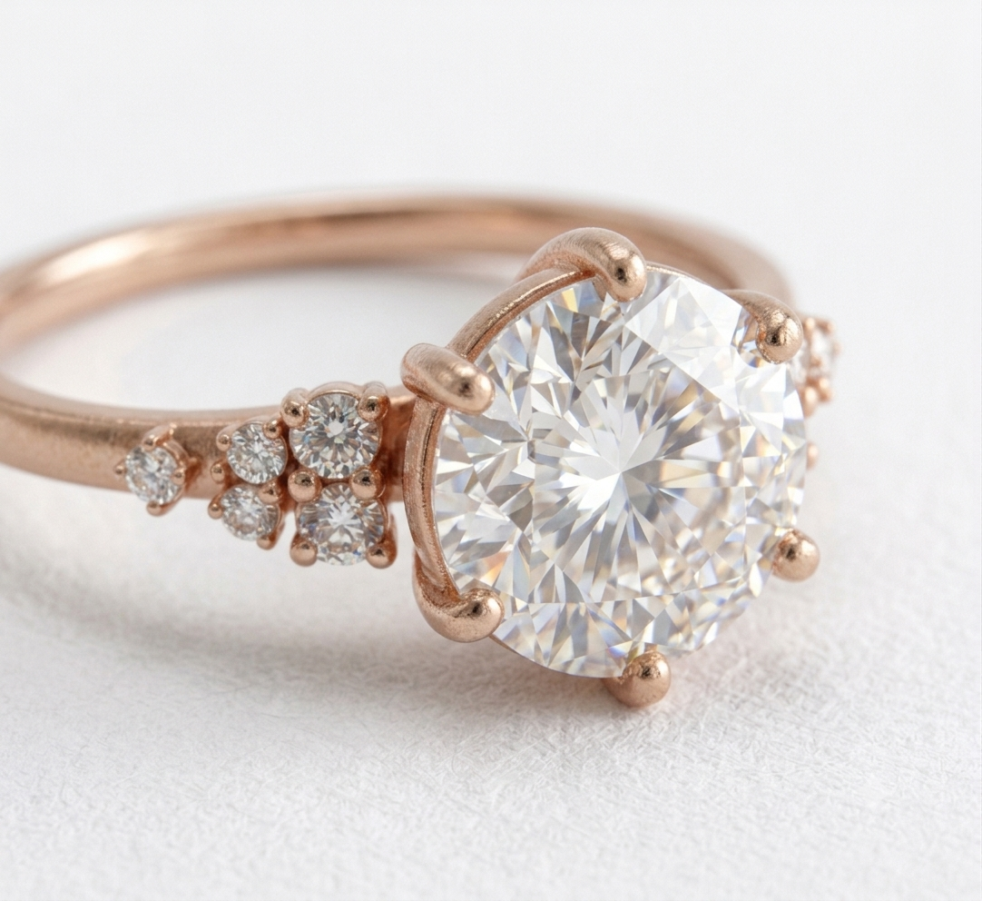 18K Rose Gold Six Claw Cluster Engagement Ring ,Centre Diamond 4.50 carat