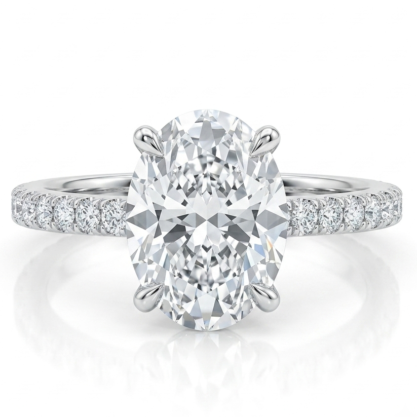3.00 CT Oval Lab-Grown Diamond Engagement Ring | F Color, VS Clarity | Hidden Halo  18 k White Gold