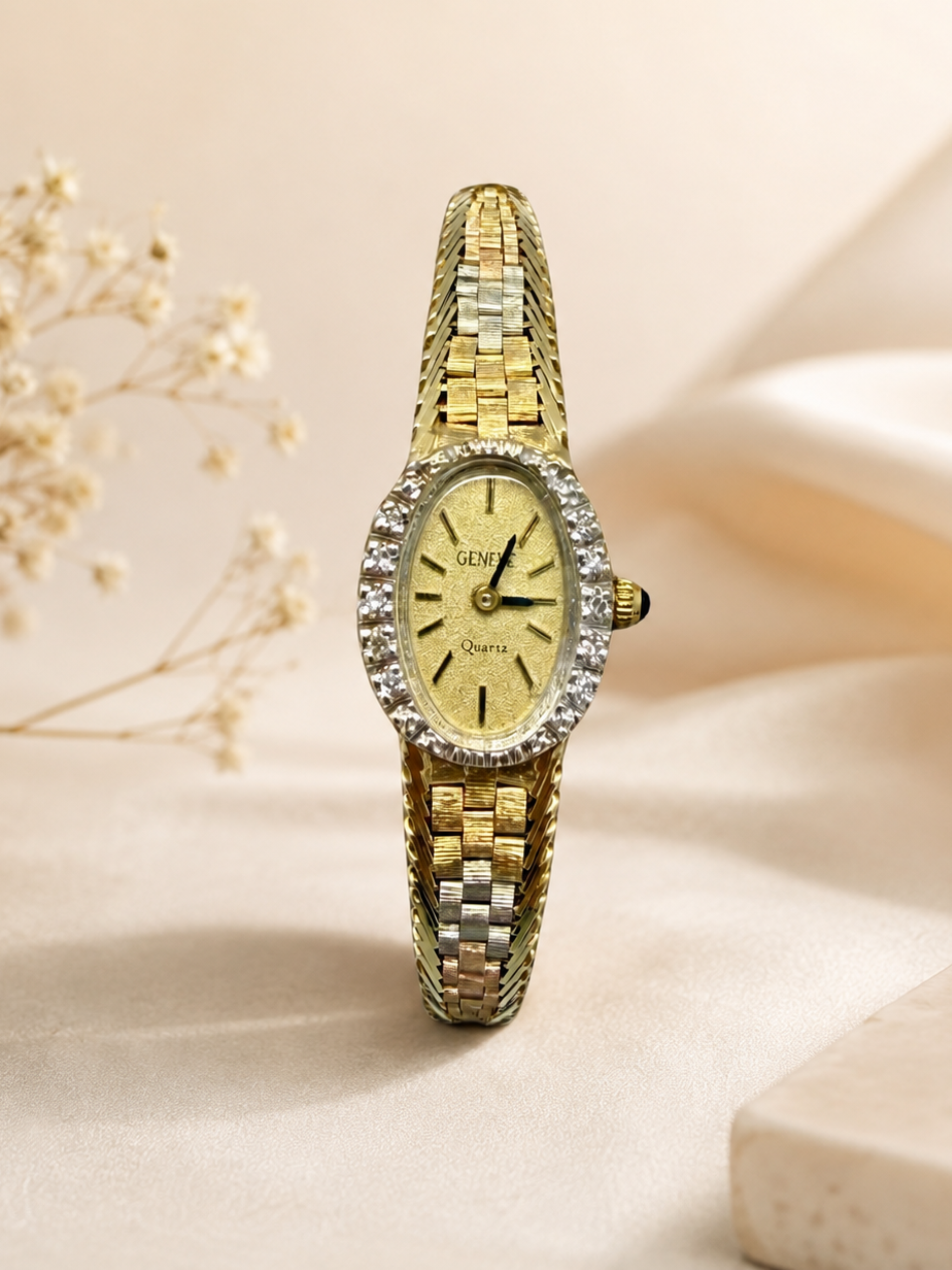 Vintage 14ct Solid Gold Geneve Tri-Colour Diamond Watch