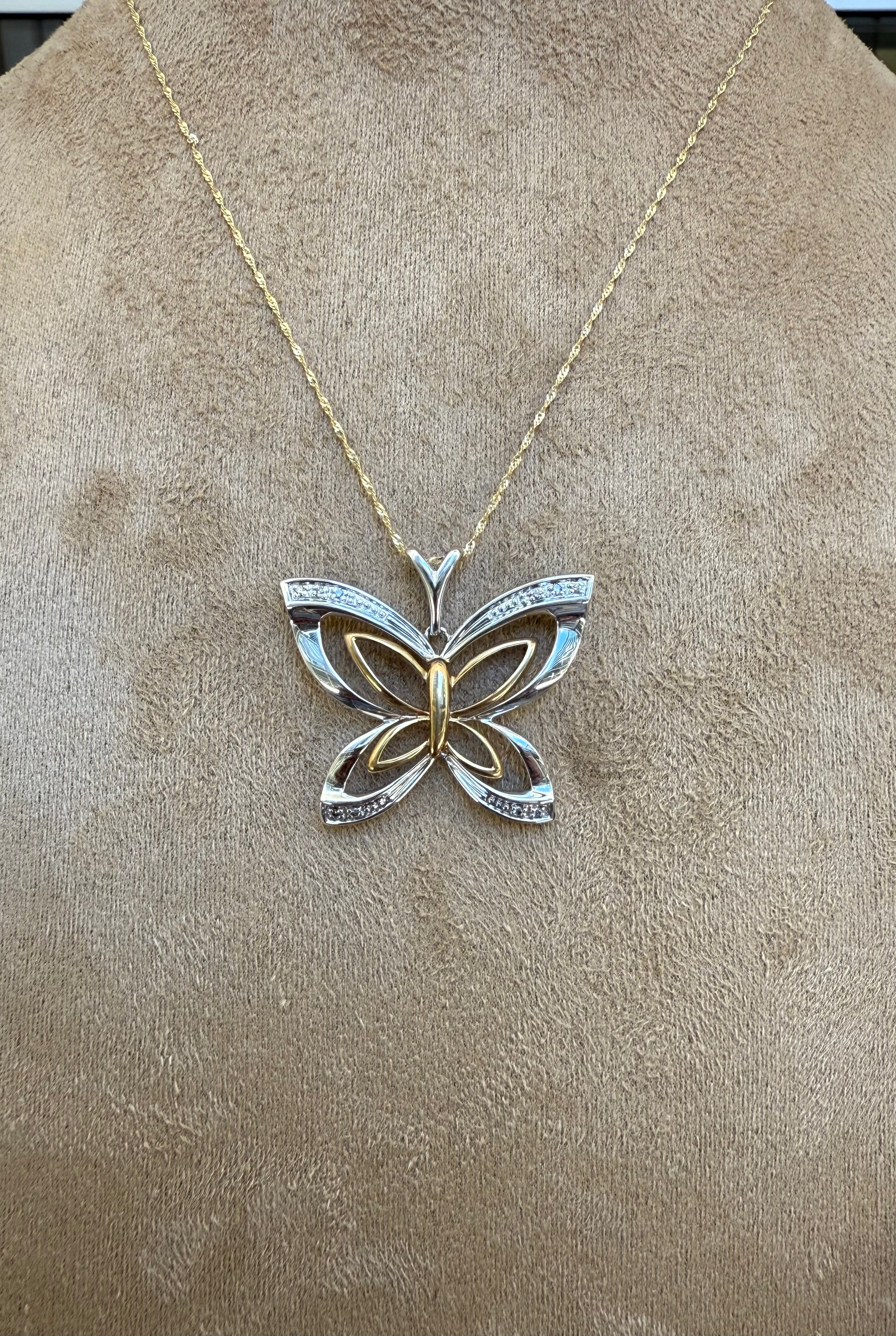 9ct Two-Tone Gold Butterfly Pendant: Natural Diamond Accent