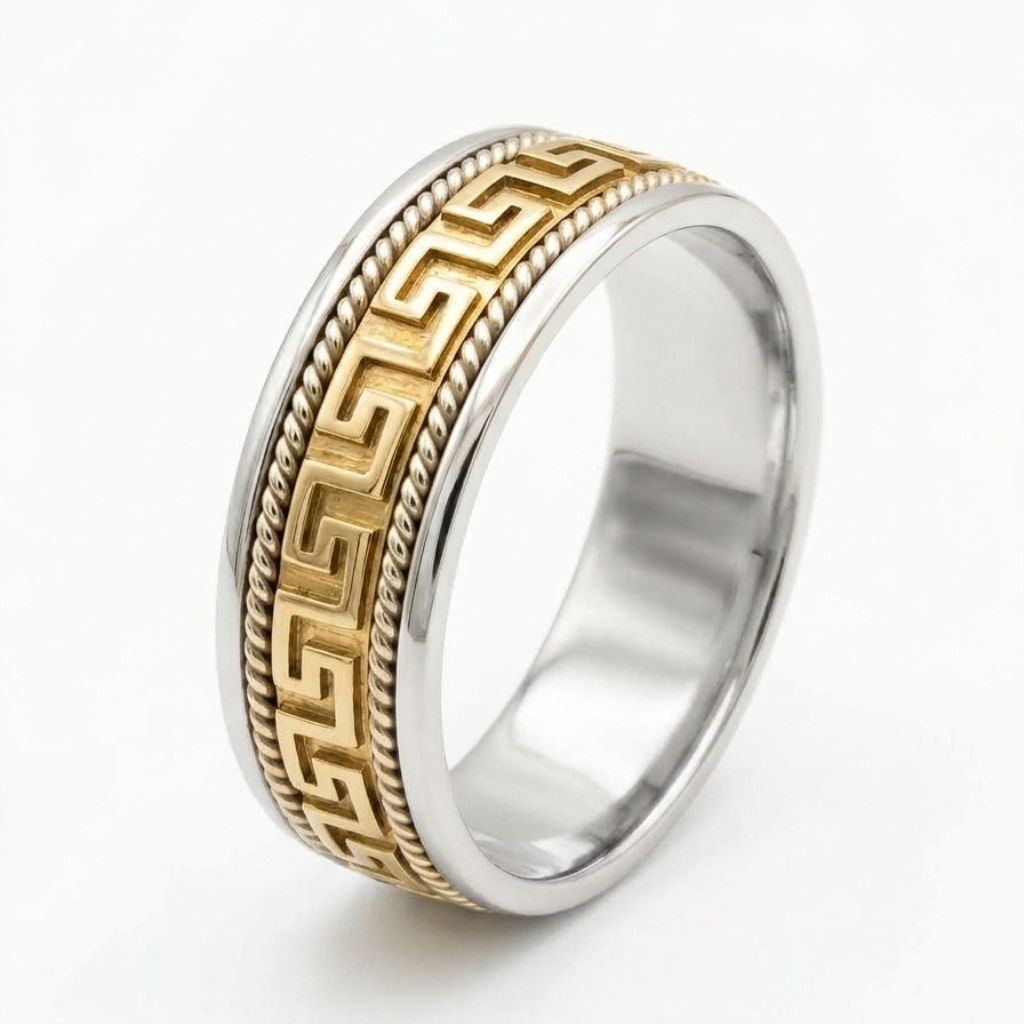 Handmade 18k Two-Tone Yellow & White Gold Braided Greca Design 7.5mm Eternity Wedding Band