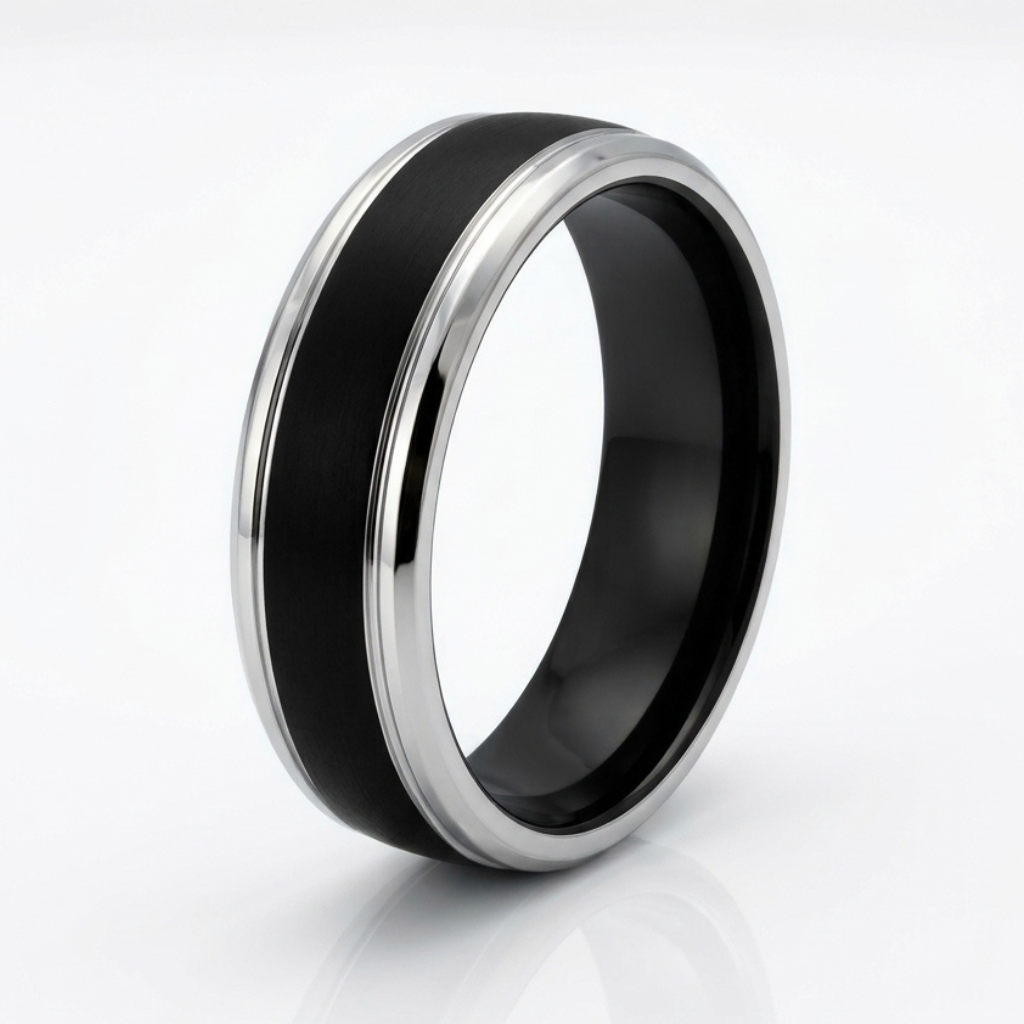Handmade 18k White Gold Step Edge 6mm Black Enamel Inlaid Wedding Ring