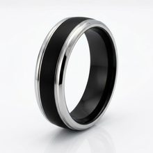 Load image into Gallery viewer, Handmade 18k White Gold Step Edge 6mm Black Enamel Inlaid Wedding Ring

