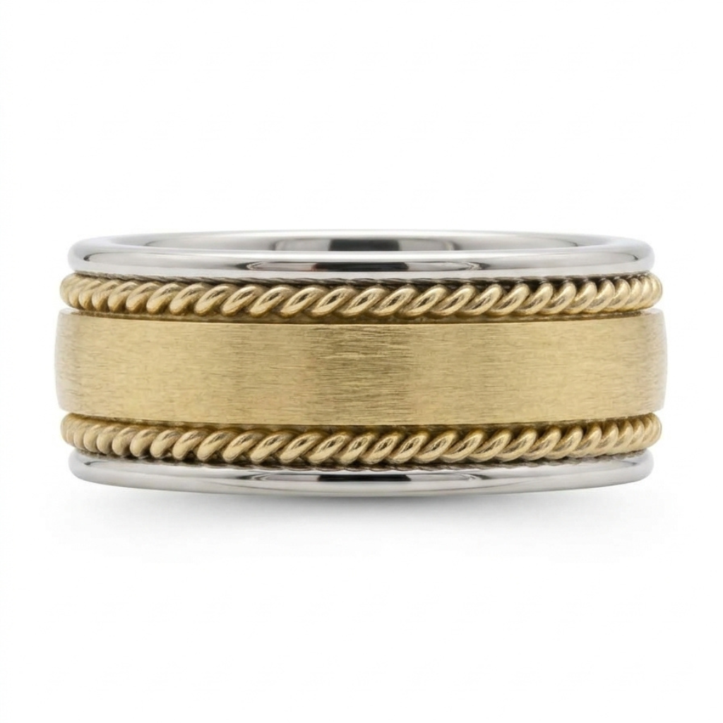 Handmade 18k Two-Tone Yellow gold & White Gold Braided 8mm Wedding Band