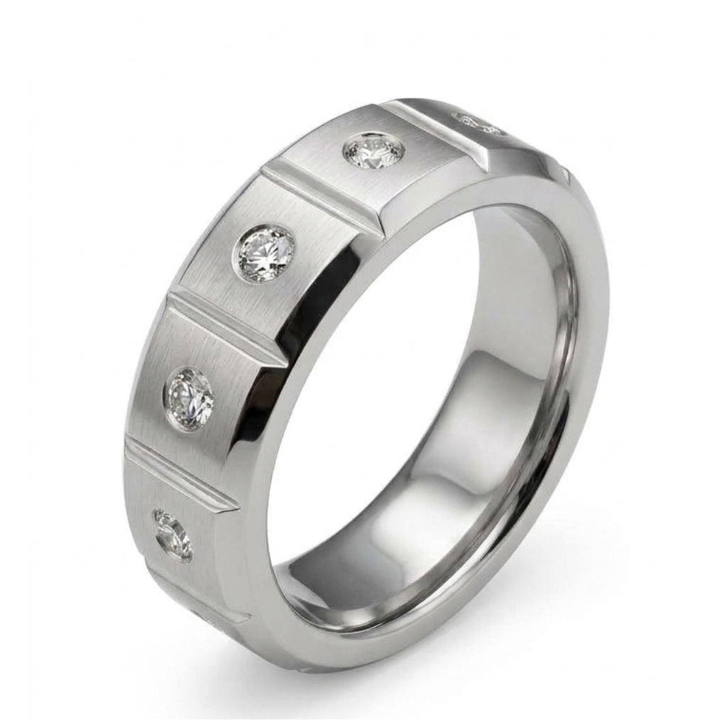Handmade 18k Solid White Gold Bezel Set Diamond 8mm Wedding RIng