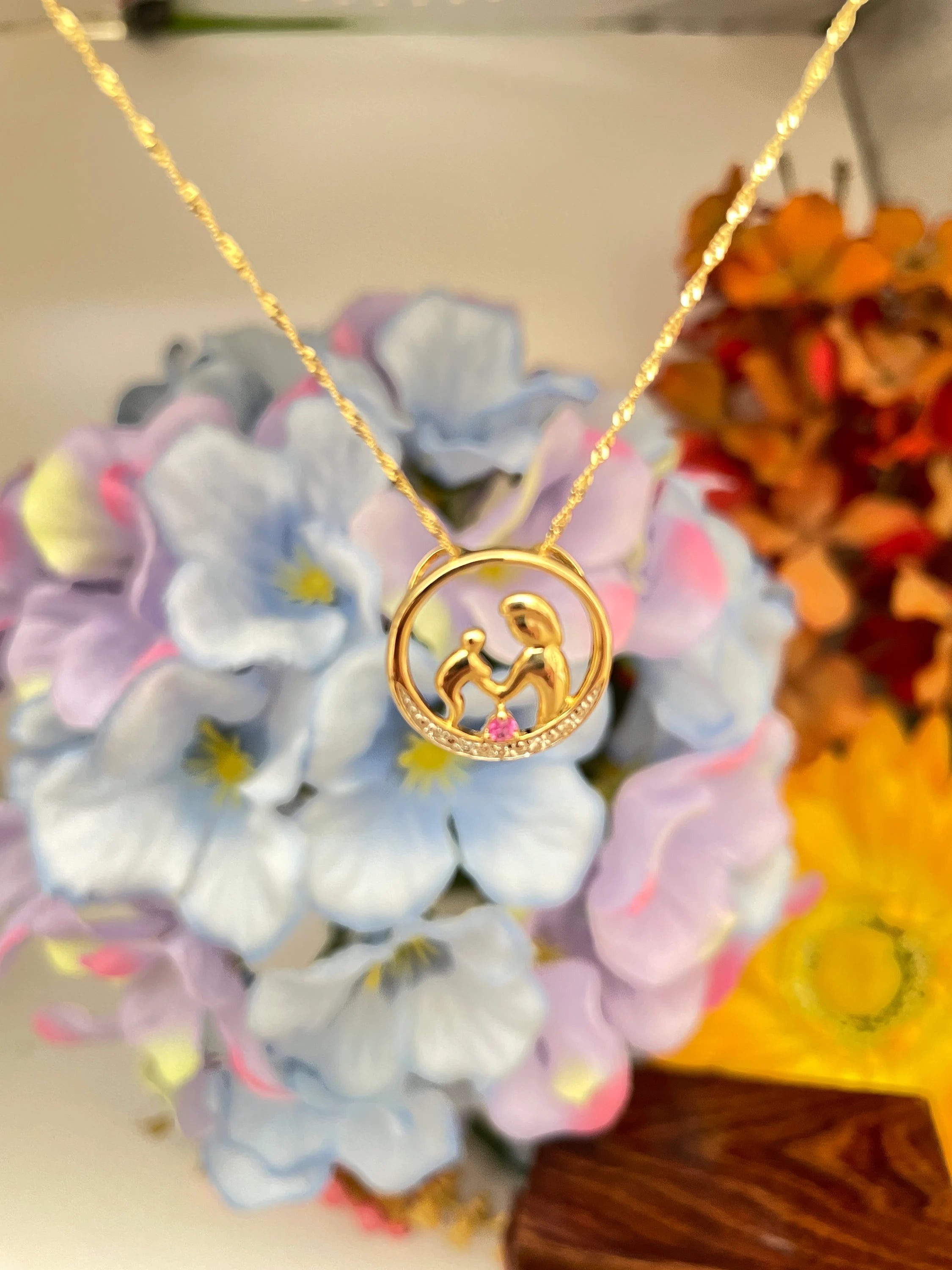 Pink Sapphire 9ct Gold Mother & Child Pendant Necklace, Diamond Halo