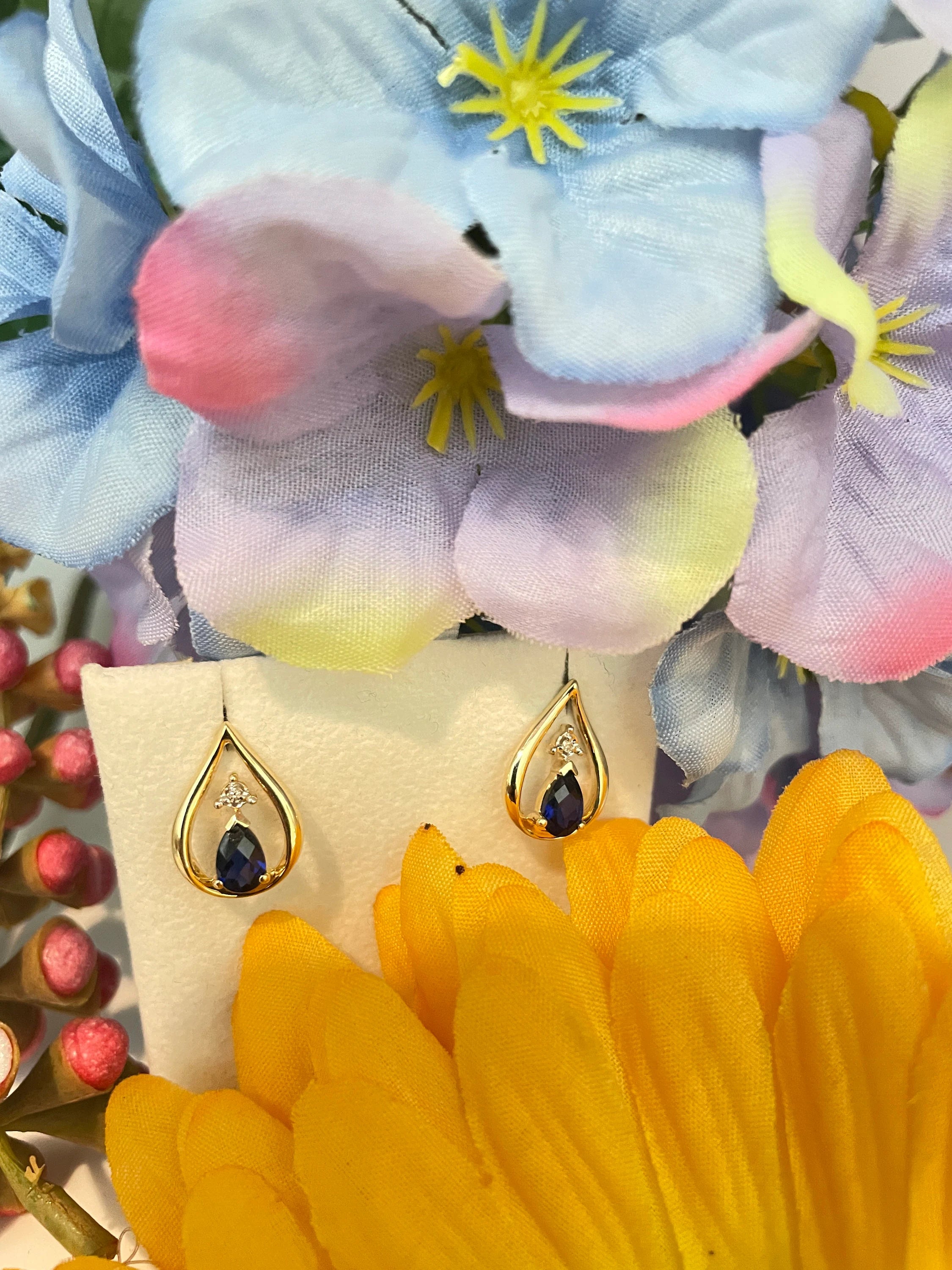 9ct Gold Sapphire Earrings, Natural Diamond Accent