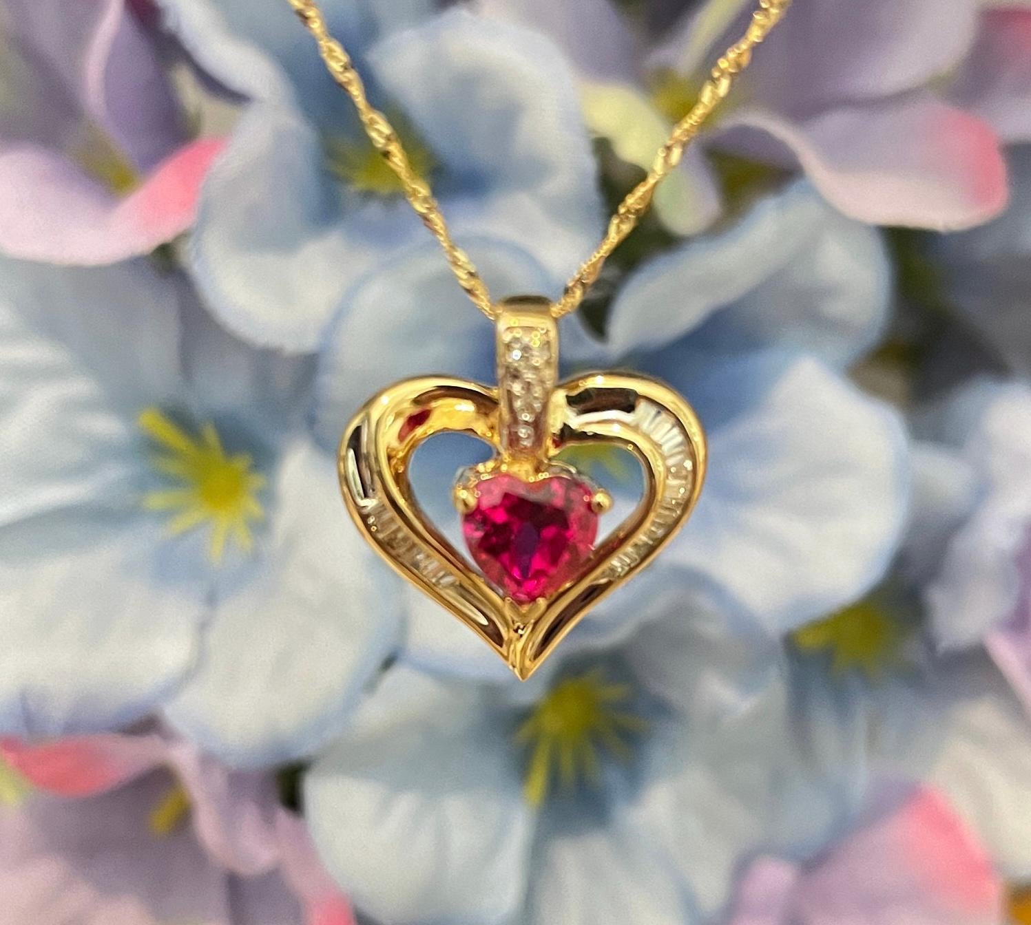 9ct Gold Heart Pendant Necklace, Diamond & Created Ruby Accent