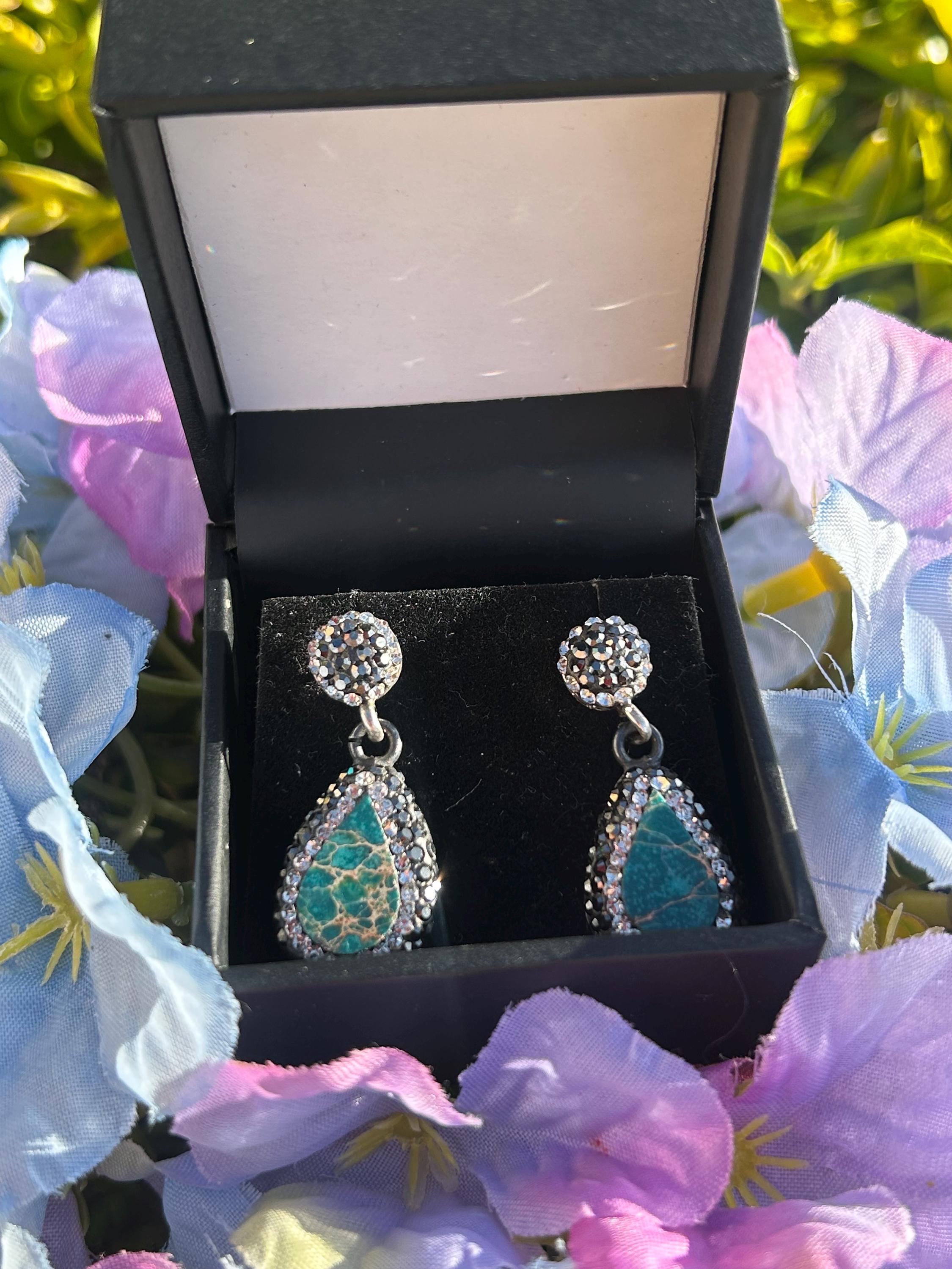 Silver Turquoise & Hematite Crystal Drop Earrings | Handmade Dangle Gemstone Earrings | Boho Chic Statement Jewellery