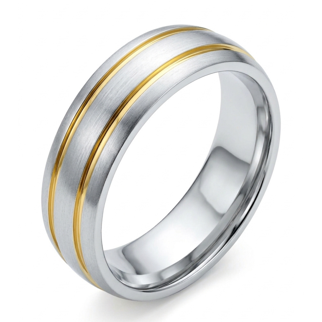 Handmade Two-Tone 18k White & Yellow Gold Striped 6mm Wedding Band