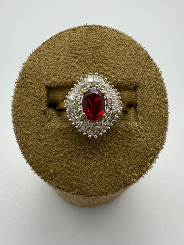Regal Oval Halo Ring —  Created Ruby or Created Emerald, 9kt Yellow Gold, 0.50ct Natural Diamonds