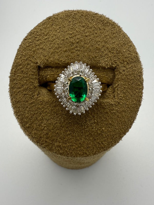 Regal Oval Halo Ring —  Created Ruby or Created Emerald, 9kt Yellow Gold, 0.50ct Natural Diamonds